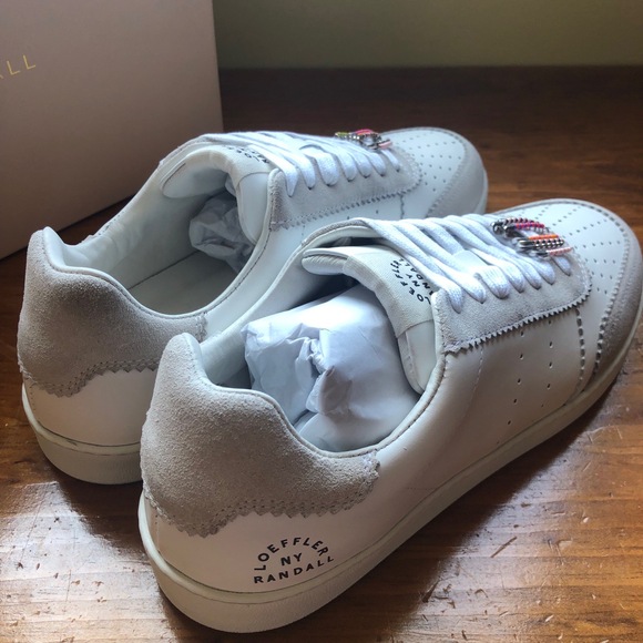 Loeffler Randall Keeley Low Top Sneakers W Size 9 White Grey Beaded Safety Pins - Picture 11 of 16